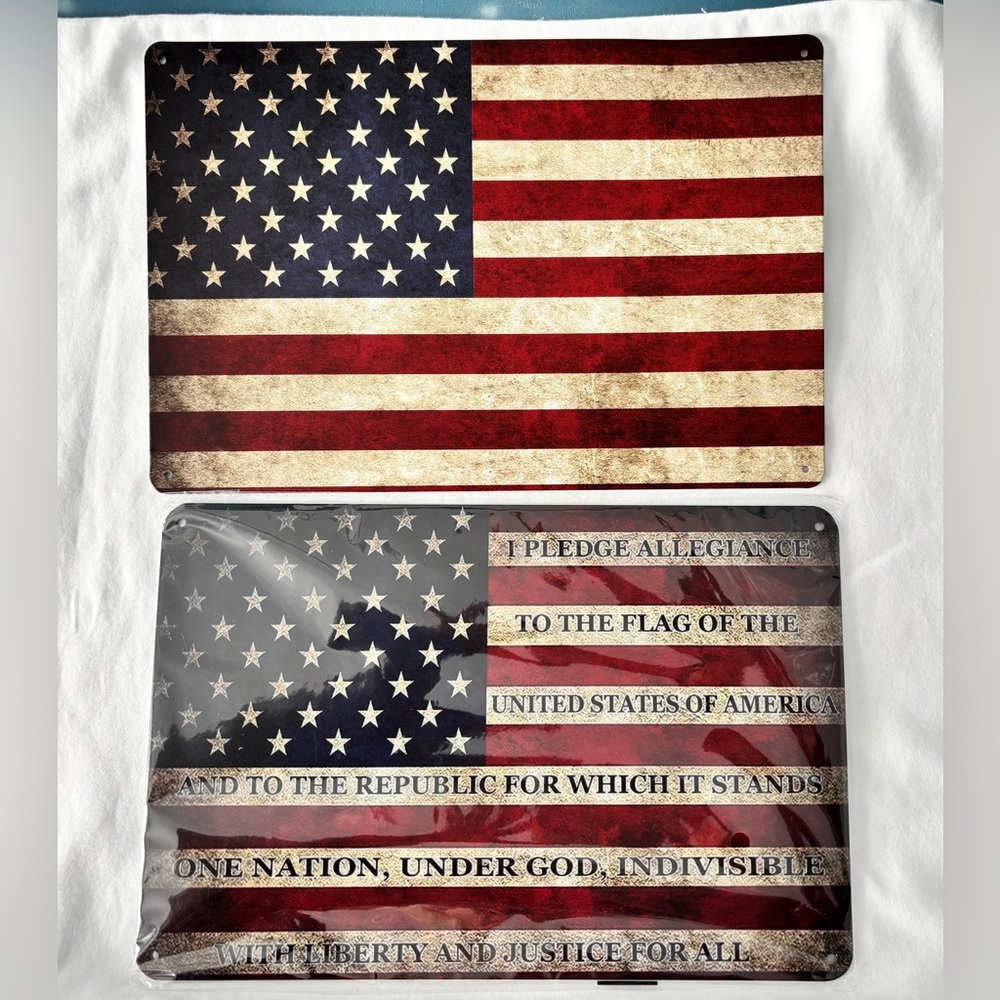 NEW Rustic American Flag Metal Signs 12x8 inch – Pledge of Allegiance (Set of 2)